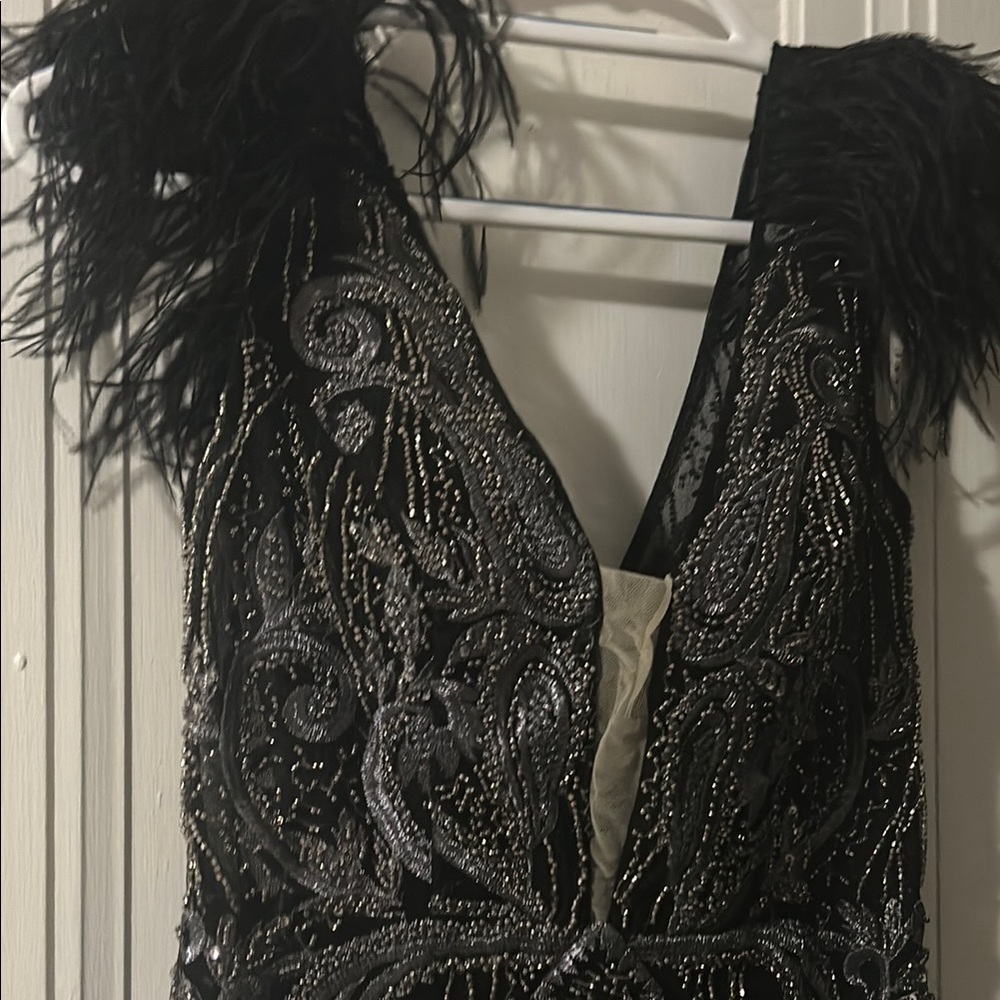 Black and Silver Beaded Dress with Feather Details